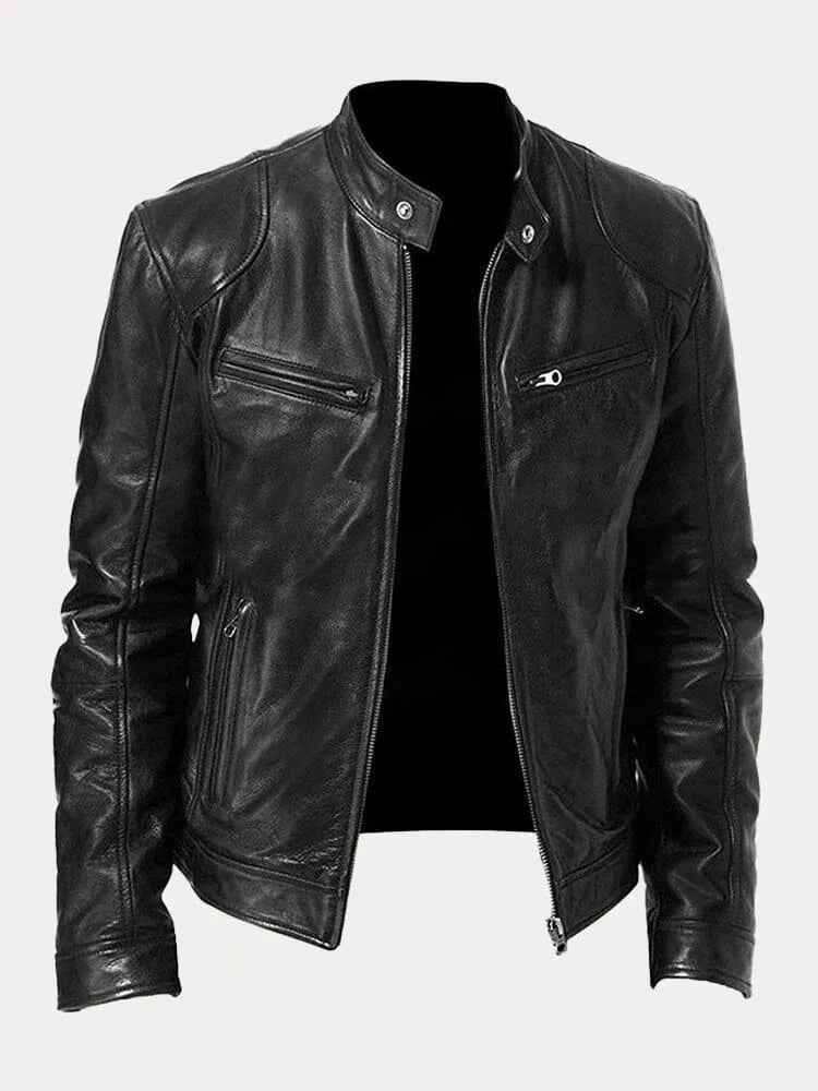 Bikerjacke Herren schwarz mit Stehkragen und Reißverschluss