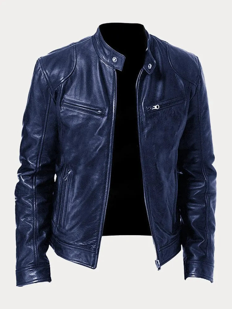 Bikerjacke Herren schwarz mit Stehkragen und Reißverschluss