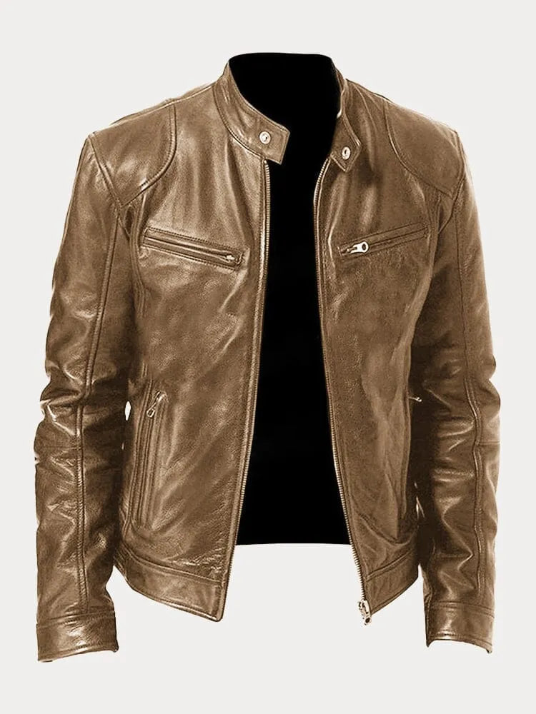 Bikerjacke Herren schwarz mit Stehkragen und Reißverschluss