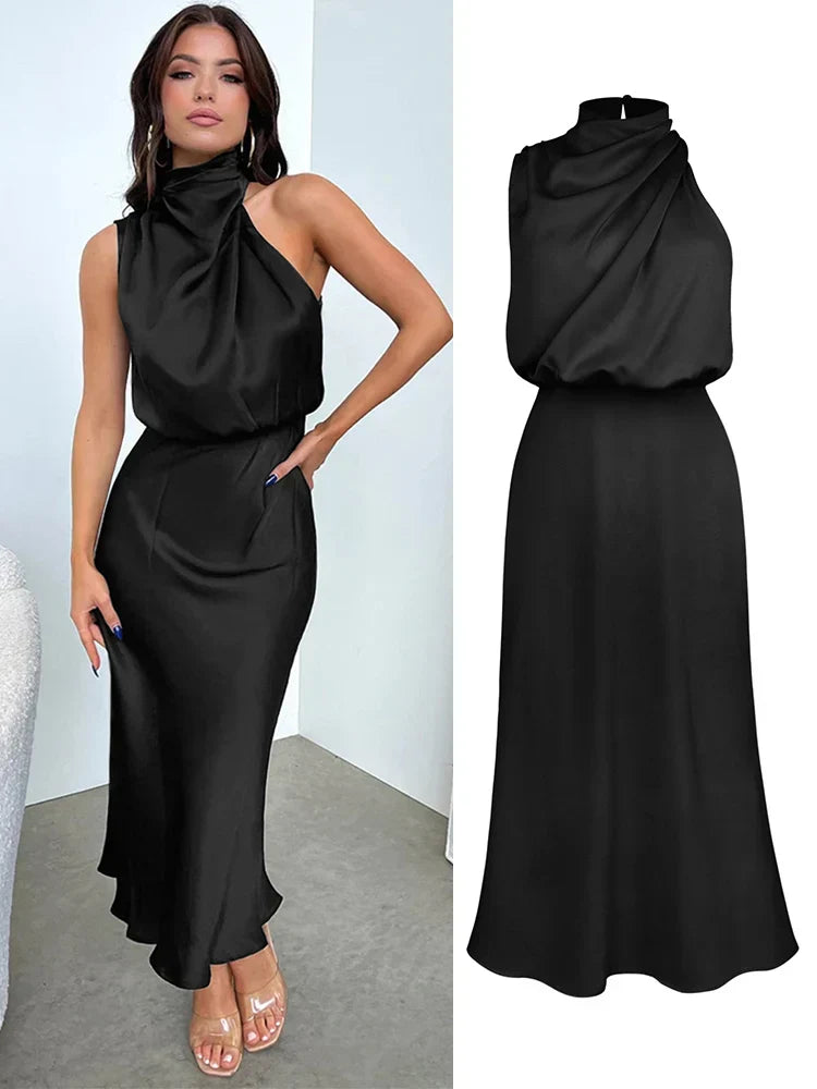 Maxikleid Damen petrol ärmellos mit asymmetrischem Ausschnitt