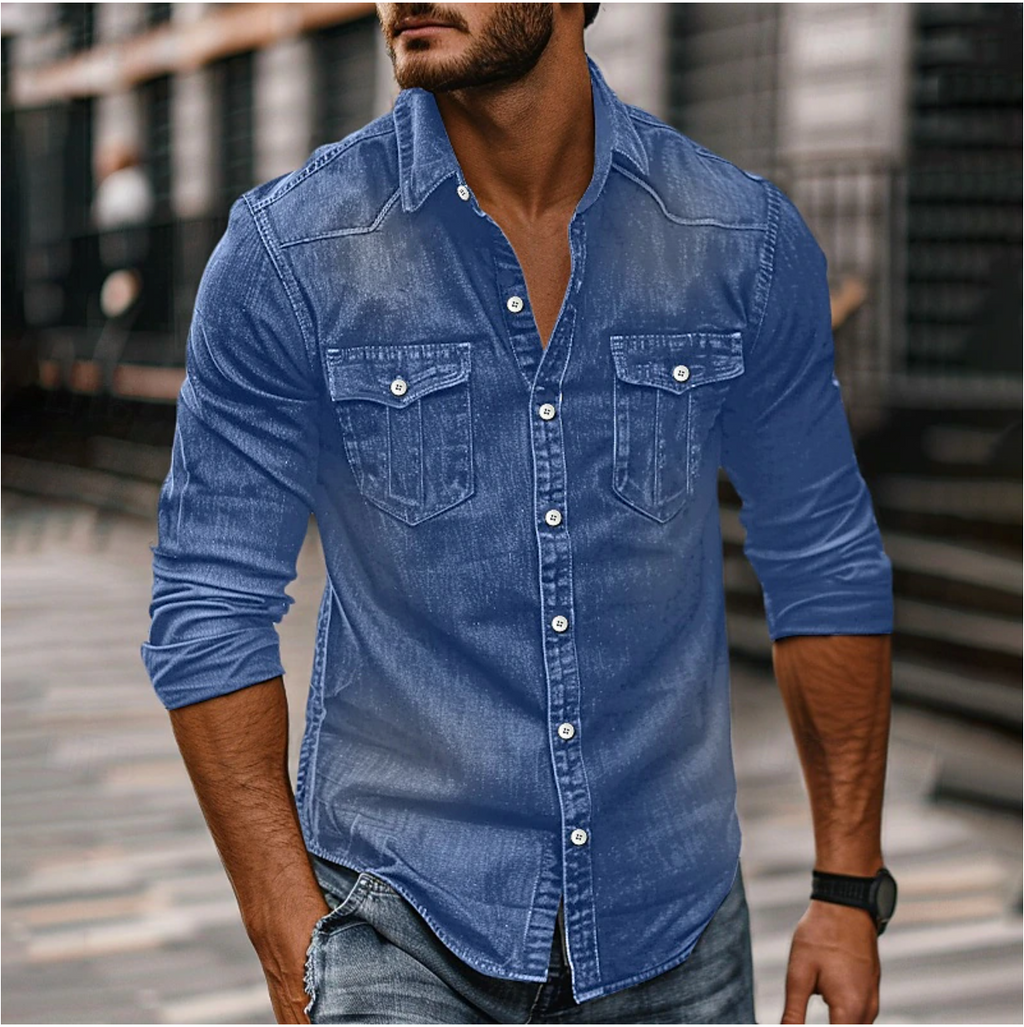 Hemd Herren blau langärmlig mit Kragen und Brusttaschen