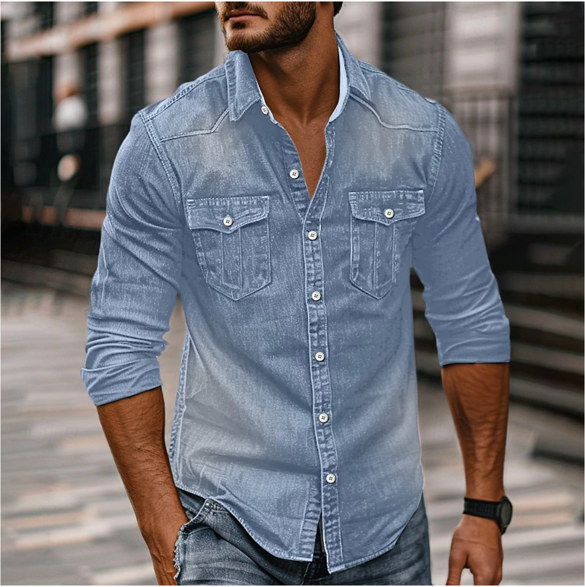Hemd Herren blau langärmlig mit Kragen und Brusttaschen
