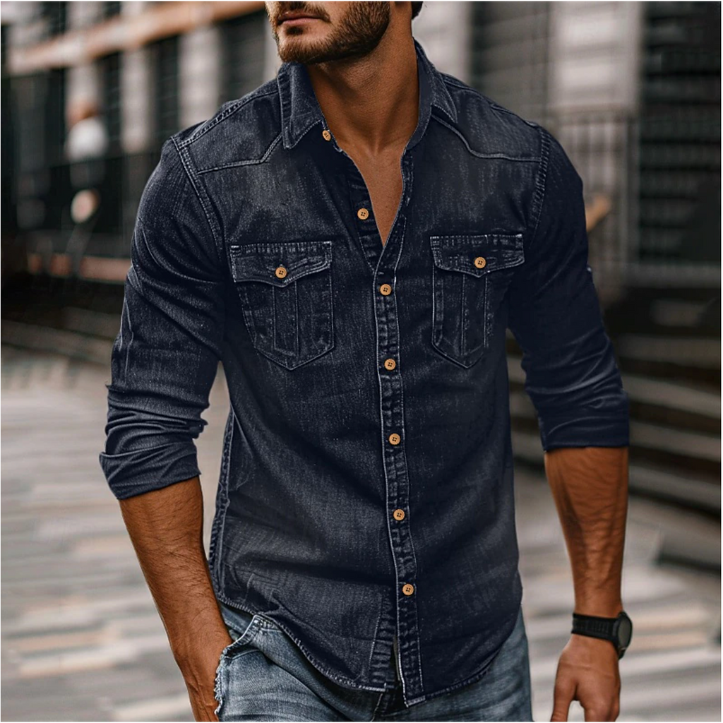 Hemd Herren blau langärmlig mit Kragen und Brusttaschen
