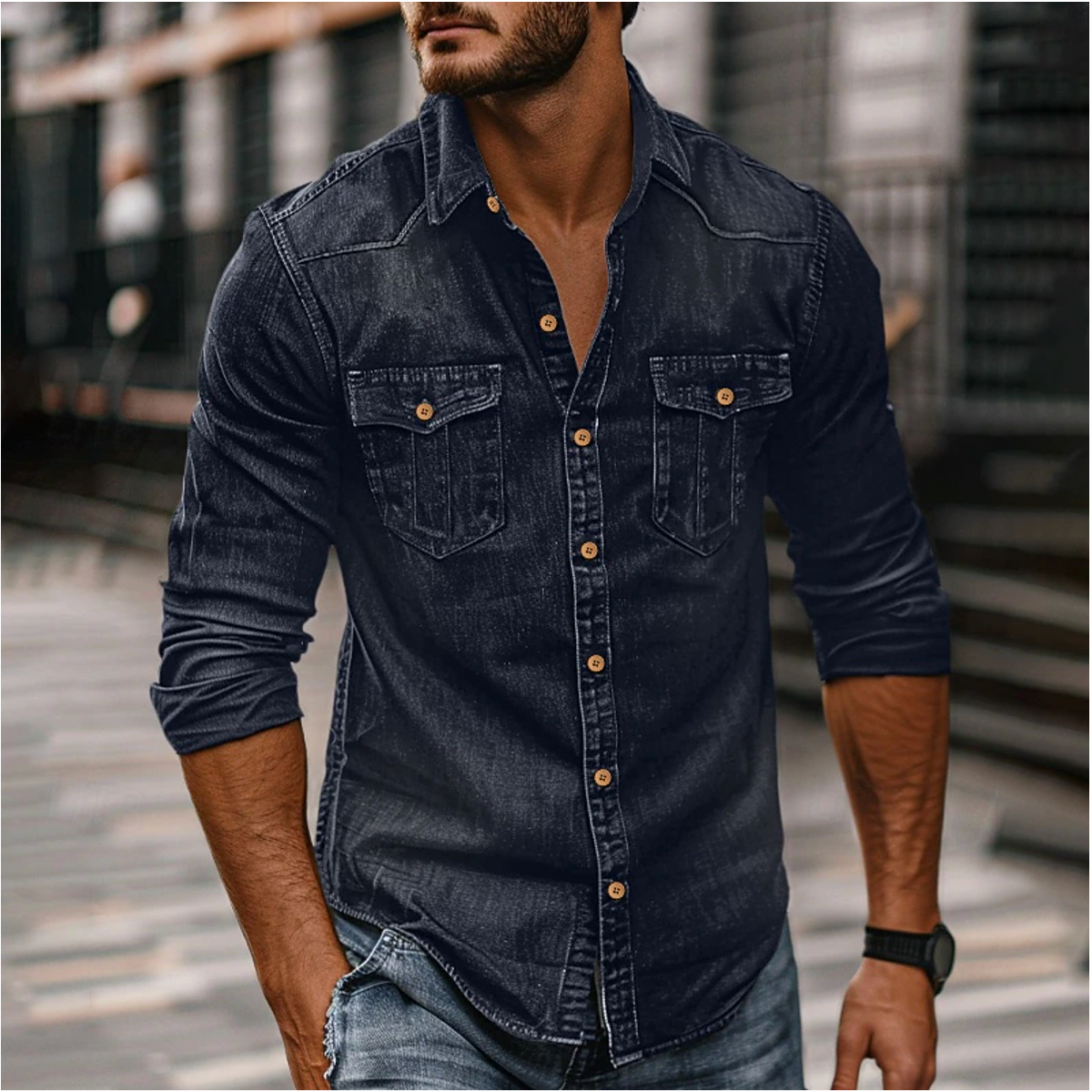 Hemd Herren blau langärmlig mit Kragen und Brusttaschen