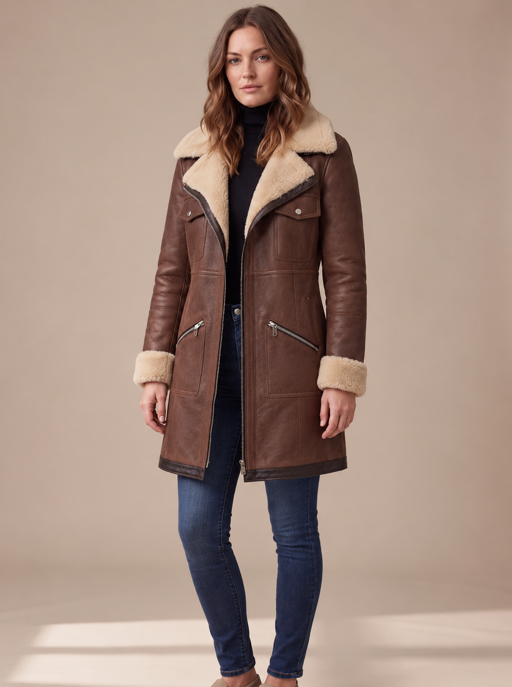 Damen Mantel mit asymmetrischem Reißverschluss und Teddyfellkragen