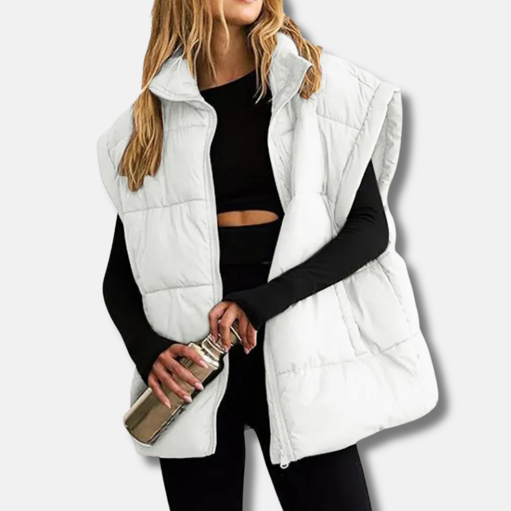 Steppweste Damen beige oversize ärmellos mit Stehkragen
