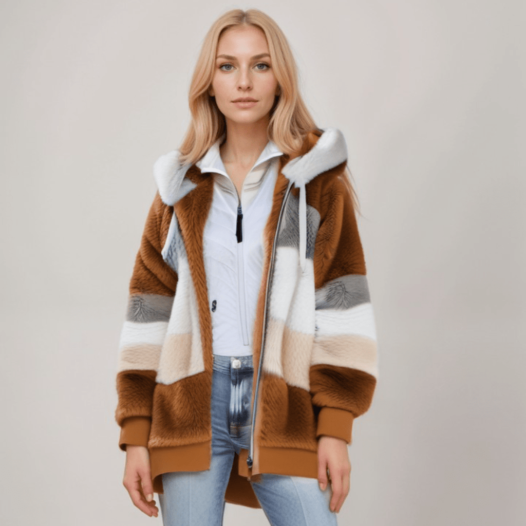 Jacke Damen blau Colorblock mit Kapuze und Reißverschluss
