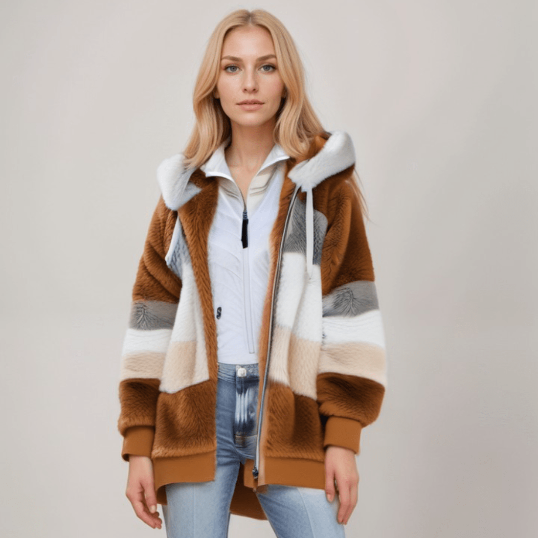 Jacke Damen blau Colorblock mit Kapuze und Reißverschluss