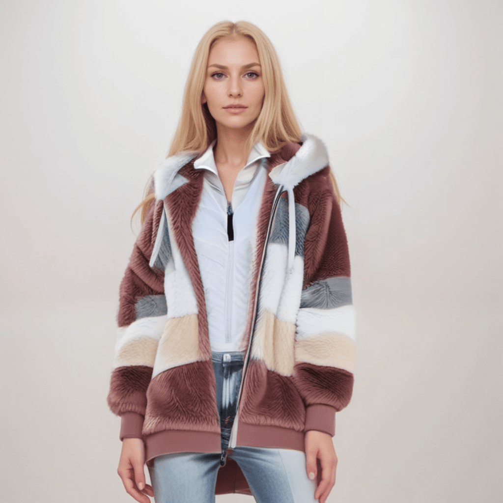 Jacke Damen blau Colorblock mit Kapuze und Reißverschluss
