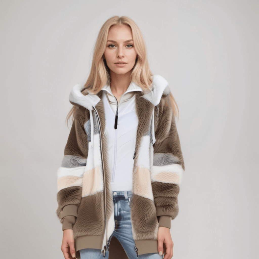Jacke Damen blau Colorblock mit Kapuze und Reißverschluss