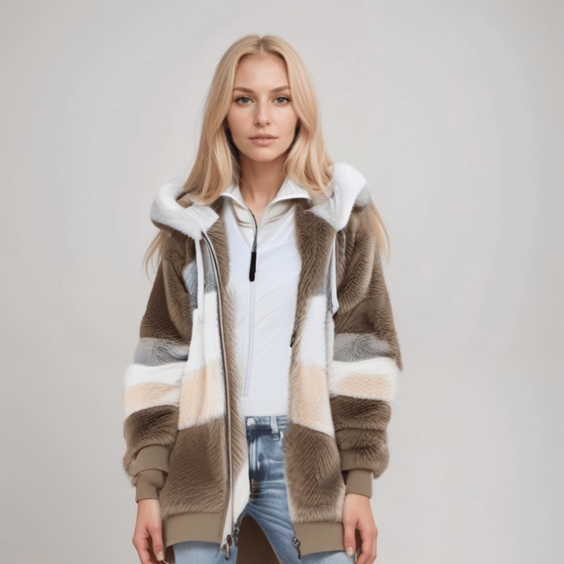 Jacke Damen blau Colorblock mit Kapuze und Reißverschluss