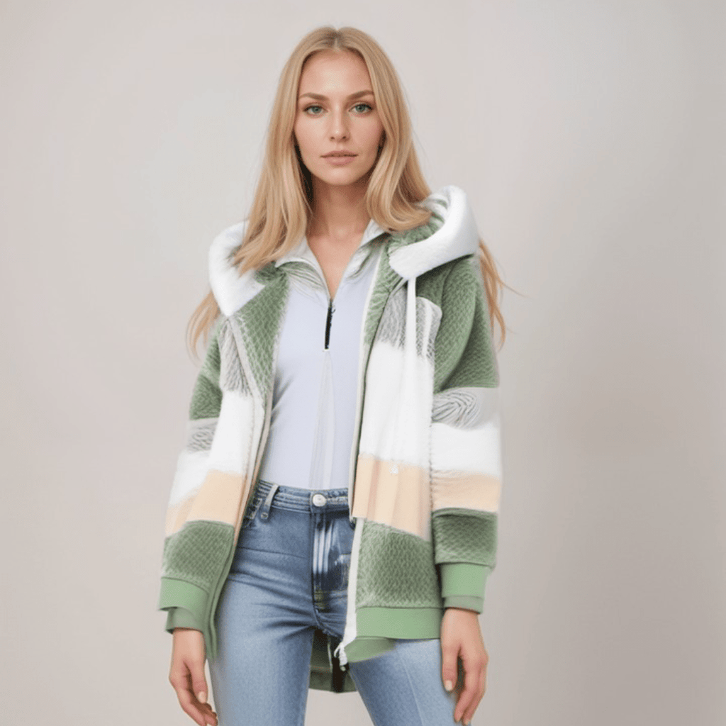 Jacke Damen blau Colorblock mit Kapuze und Reißverschluss
