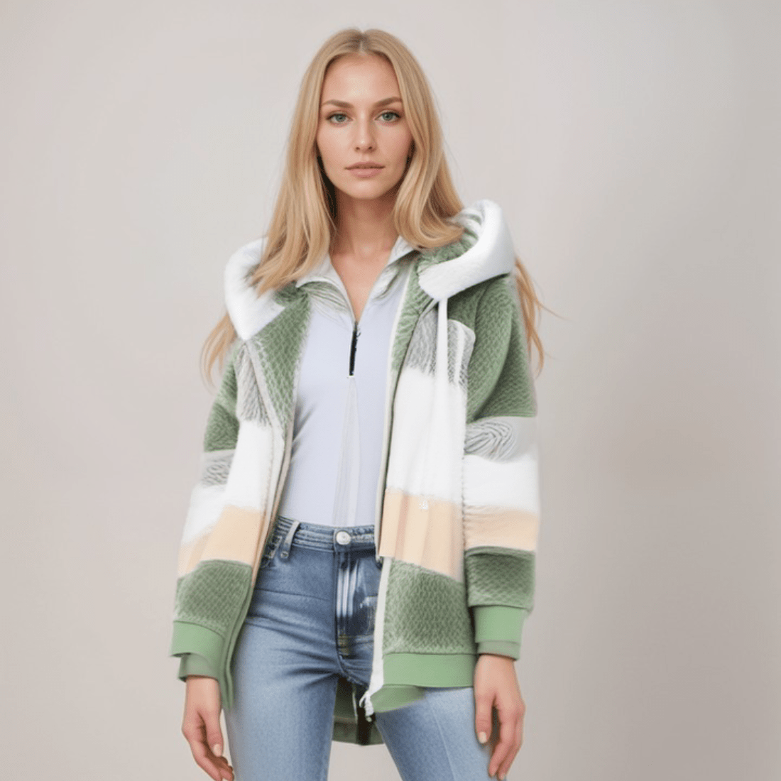 Jacke Damen blau Colorblock mit Kapuze und Reißverschluss