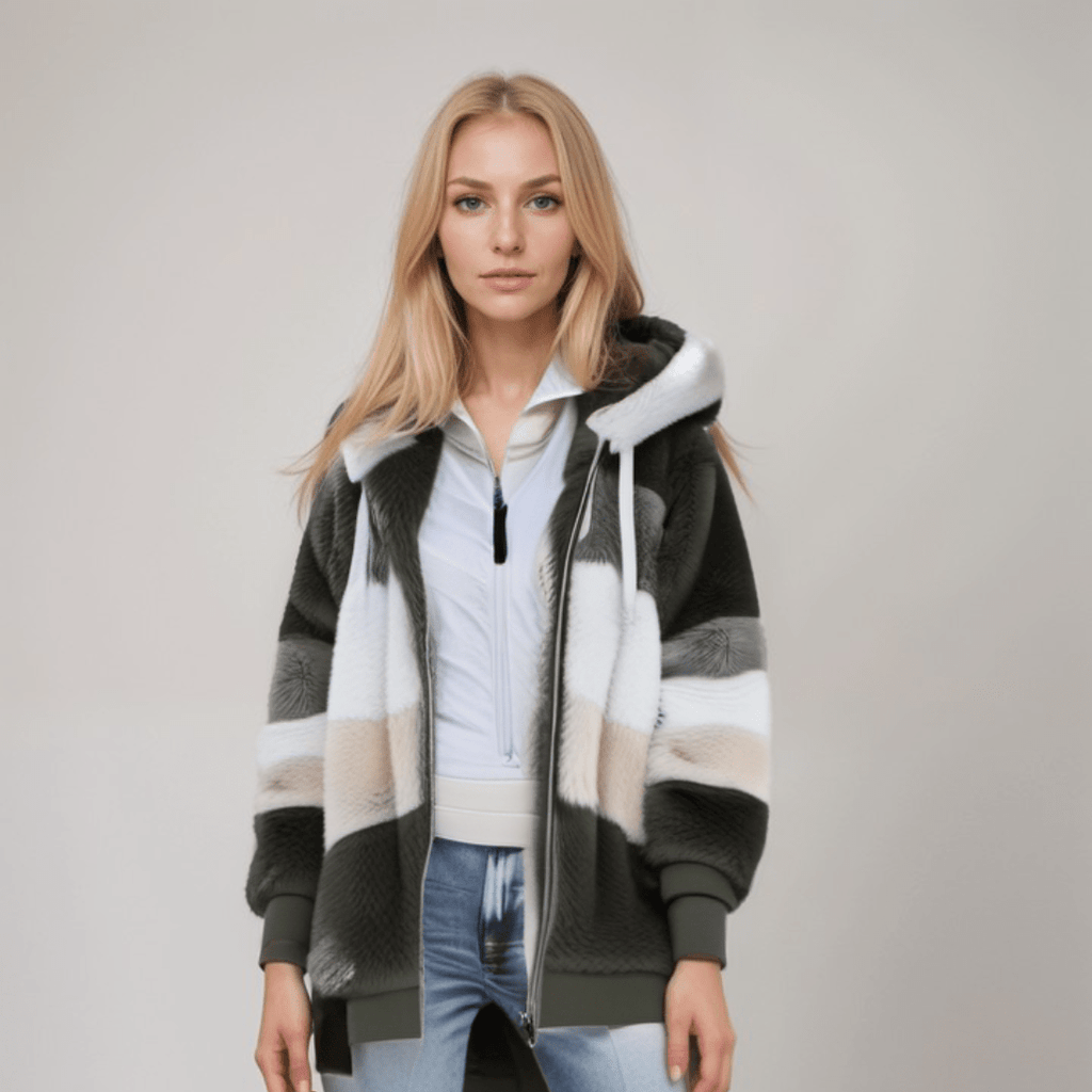 Jacke Damen blau Colorblock mit Kapuze und Reißverschluss
