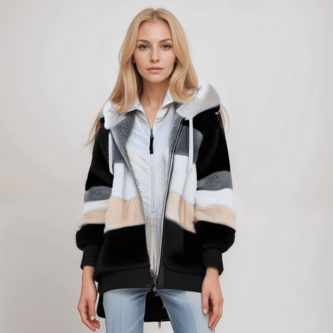 Jacke Damen blau Colorblock mit Kapuze und Reißverschluss