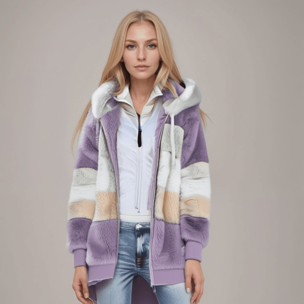 Jacke Damen blau Colorblock mit Kapuze und Reißverschluss