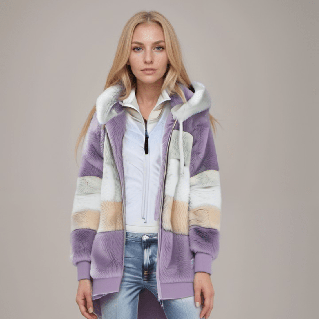 Jacke Damen blau Colorblock mit Kapuze und Reißverschluss
