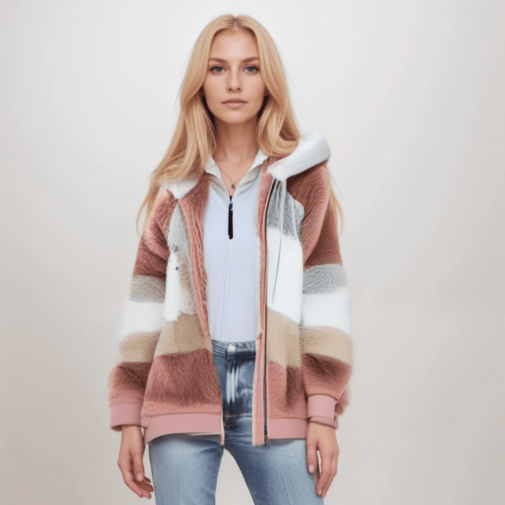 Jacke Damen blau Colorblock mit Kapuze und Reißverschluss