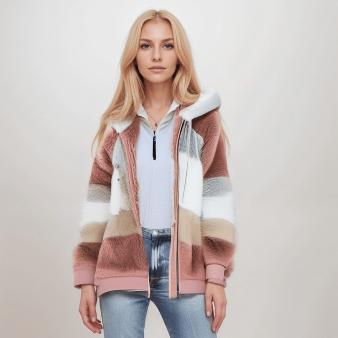 Jacke Damen blau Colorblock mit Kapuze und Reißverschluss