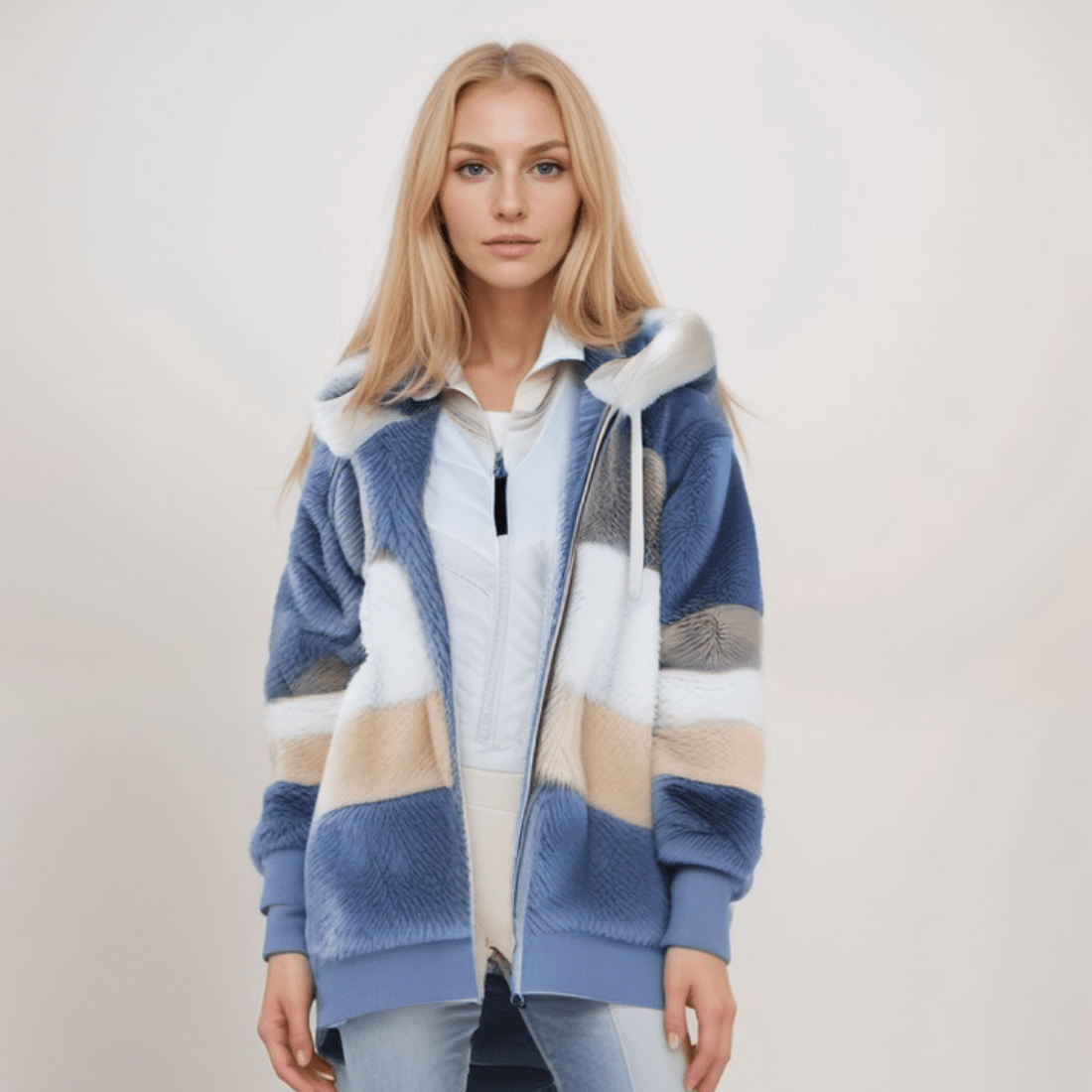 Jacke Damen blau Colorblock mit Kapuze und Reißverschluss