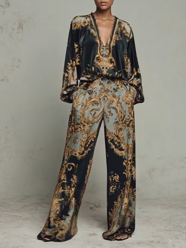 Jumpsuit Damen grün weit geschnitten mit Ballonärmeln und Ornamentmuster
