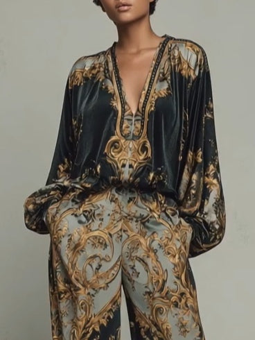 Jumpsuit Damen grün weit geschnitten mit Ballonärmeln und Ornamentmuster