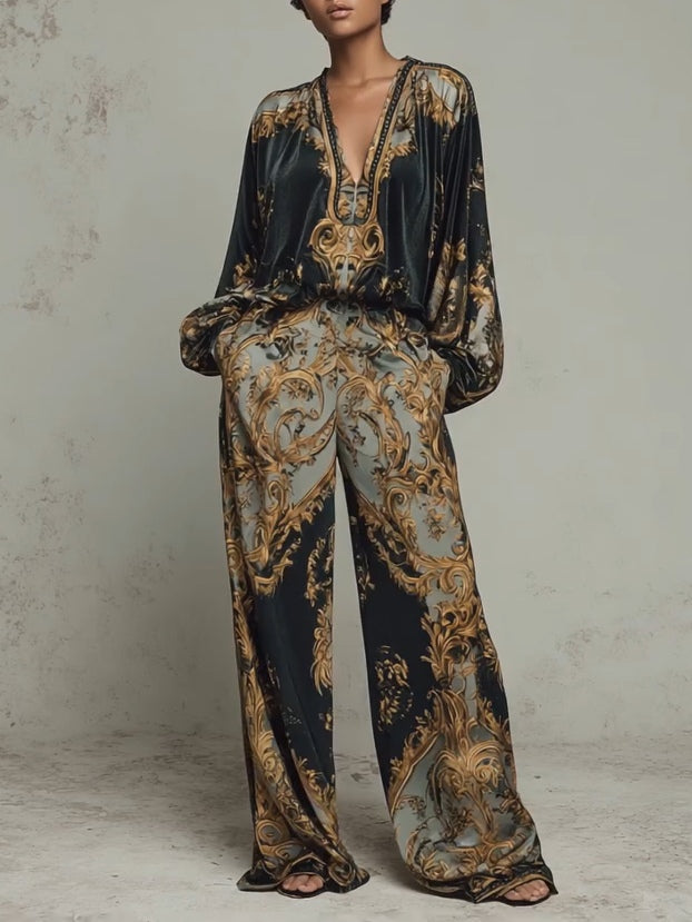 Jumpsuit Damen grün weit geschnitten mit Ballonärmeln und Ornamentmuster