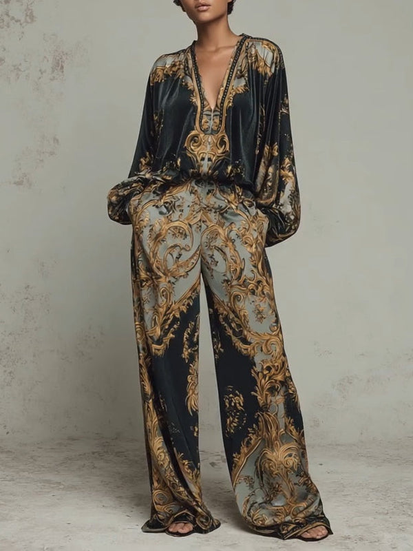 Jumpsuit Damen grün weit geschnitten mit Ballonärmeln und Ornamentmuster
