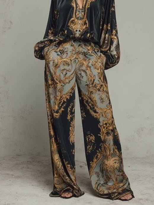 Jumpsuit Damen grün weit geschnitten mit Ballonärmeln und Ornamentmuster