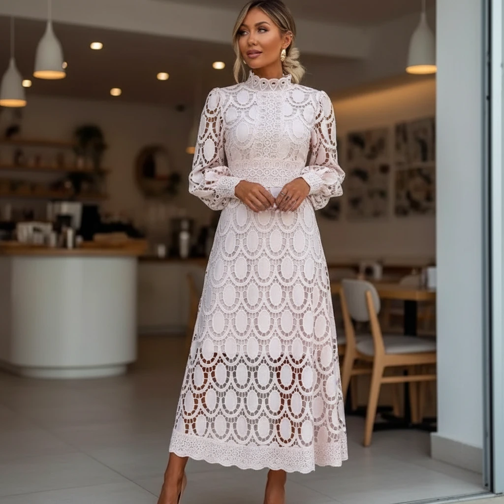 Midikleid Damen creme ausgestellt mit langen Ärmeln und Stehkragen