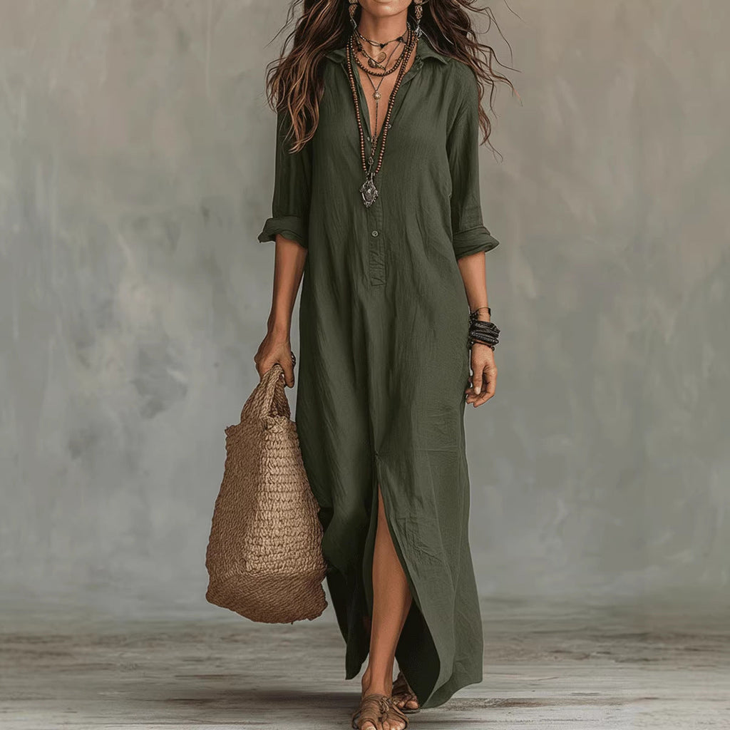 Maxikleid Damen khaki mit Kragen und Seitenschlitz