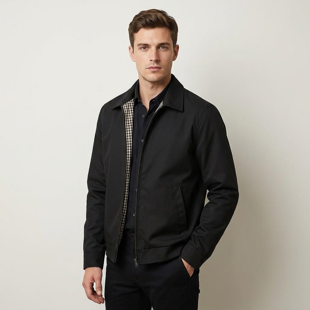 Jacke Herren schwarz mit Kragen und durchgehendem Reißverschluss