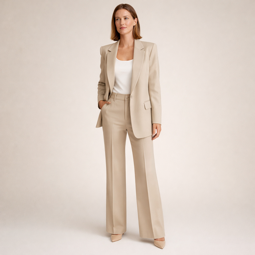 Anzug Damen beige mit weitem Hosenbein und spitzem Revers