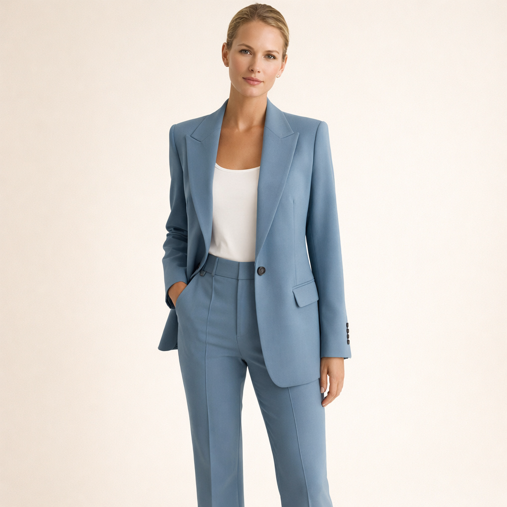 Anzug Damen beige mit weitem Hosenbein und spitzem Revers