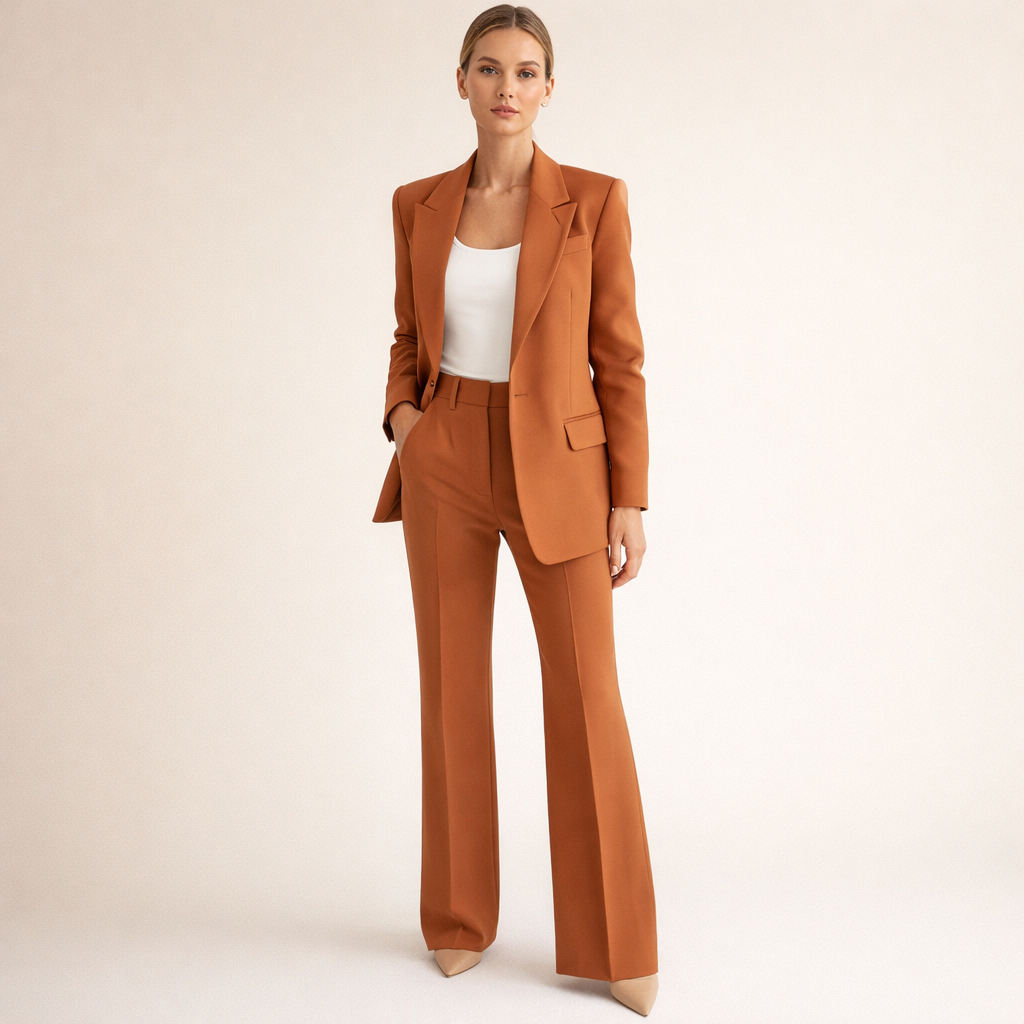 Anzug Damen beige mit weitem Hosenbein und spitzem Revers