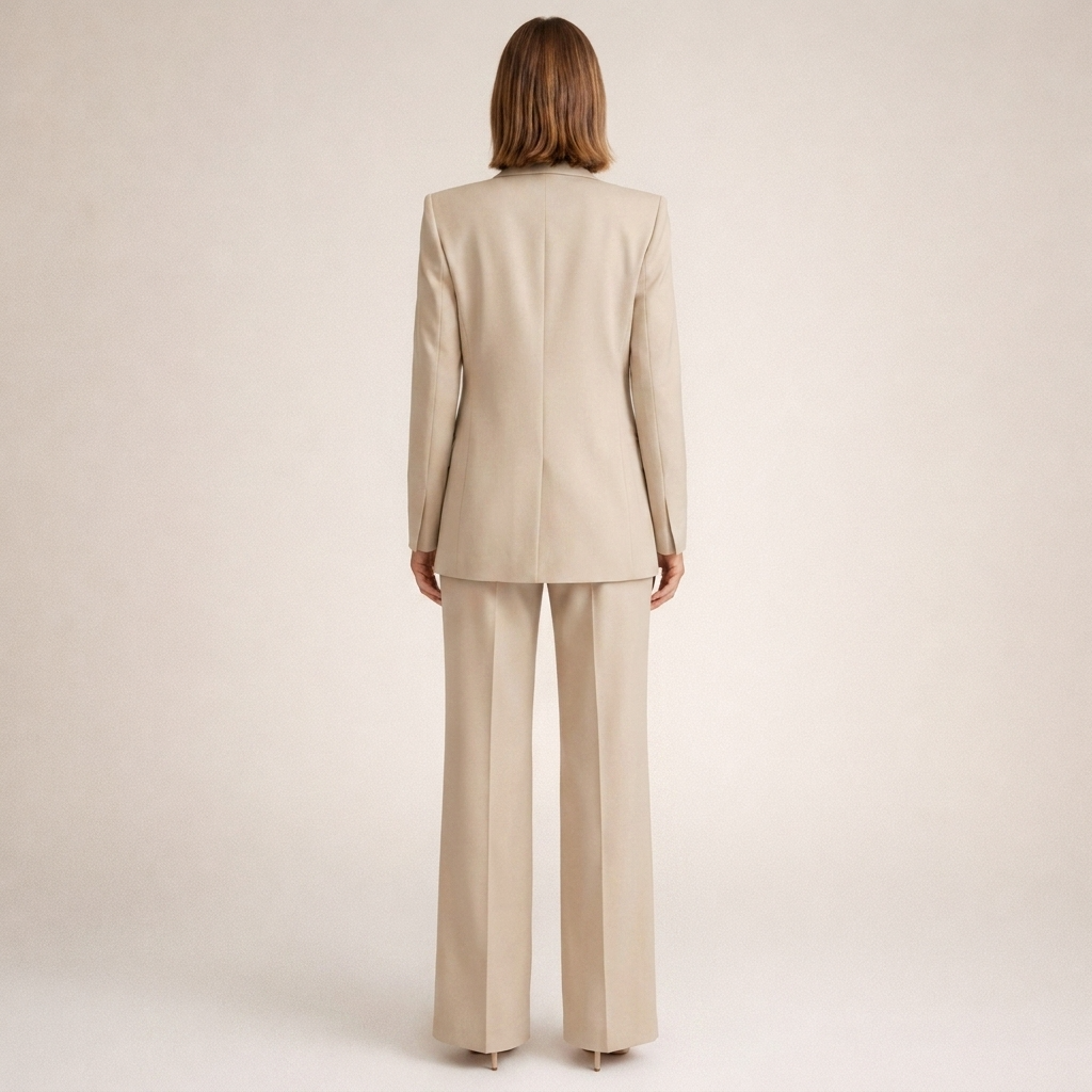 Anzug Damen beige mit weitem Hosenbein und spitzem Revers