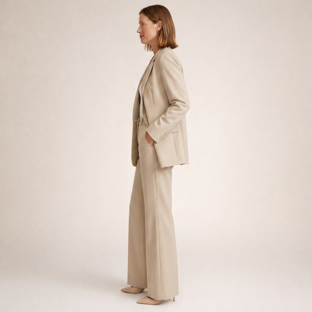 Anzug Damen beige mit weitem Hosenbein und spitzem Revers