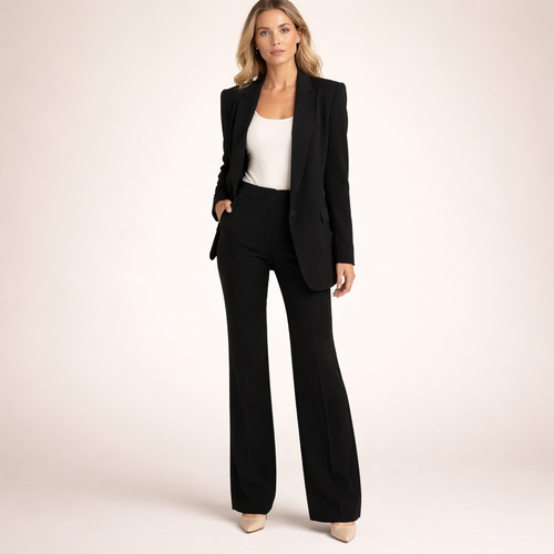Anzug Damen beige mit weitem Hosenbein und spitzem Revers