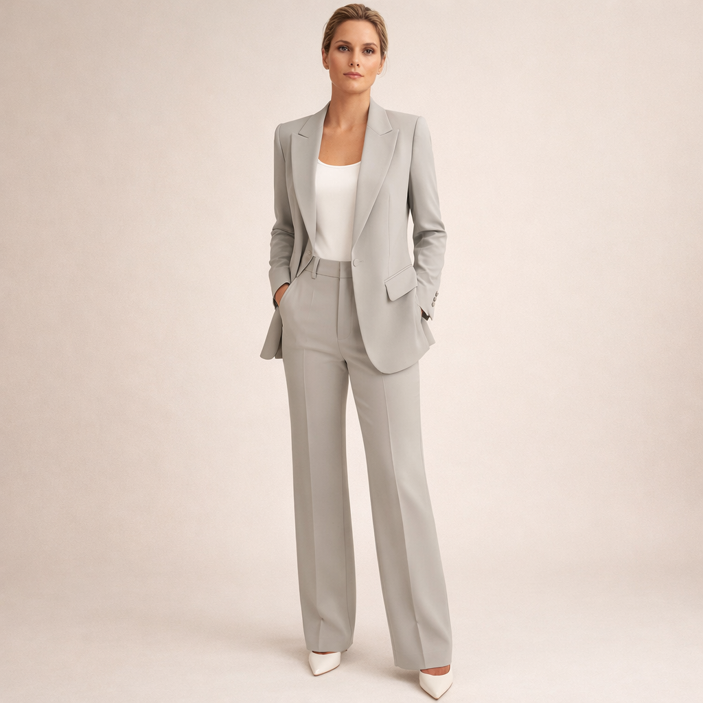 Anzug Damen beige mit weitem Hosenbein und spitzem Revers
