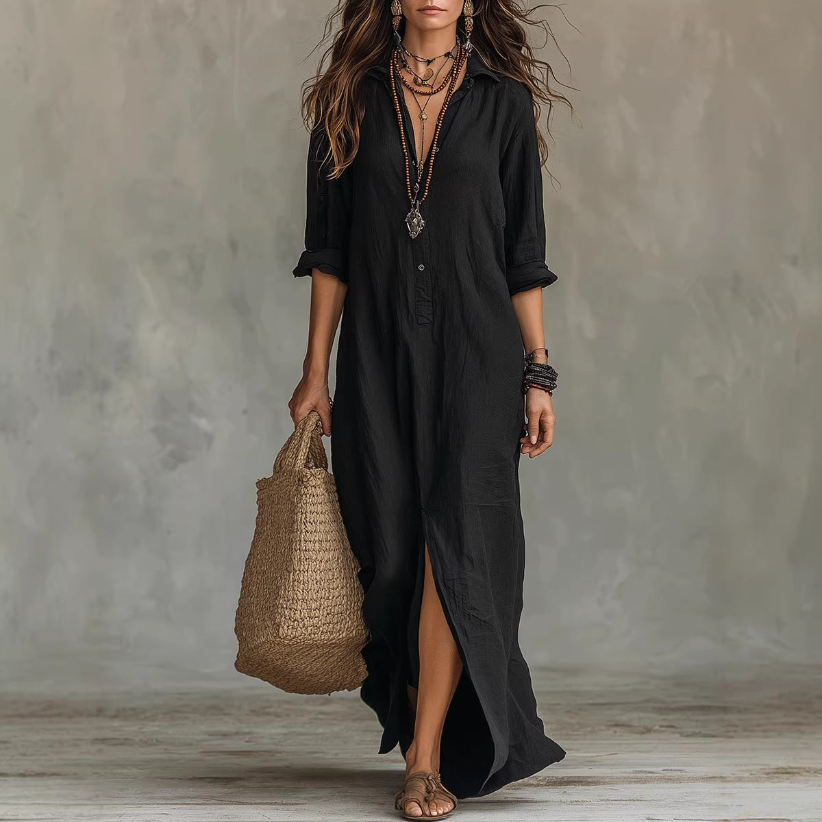 Maxikleid Damen khaki mit Kragen und Seitenschlitz