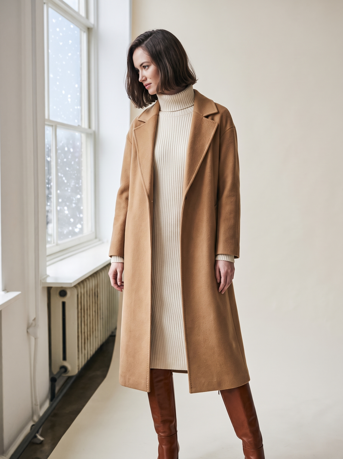 Damen Wintermode: Kamelmantel und Strickkleid