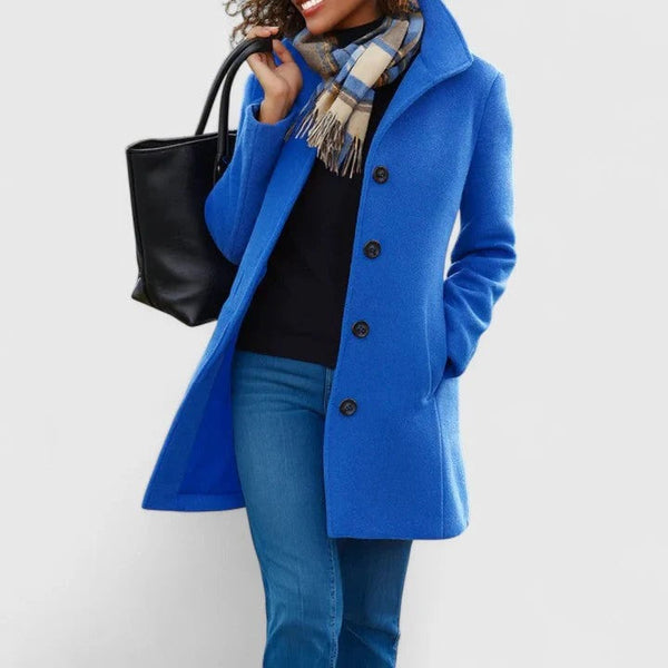 Mantel Damen blau mit Stehkragen und durchgehender Knopfleiste