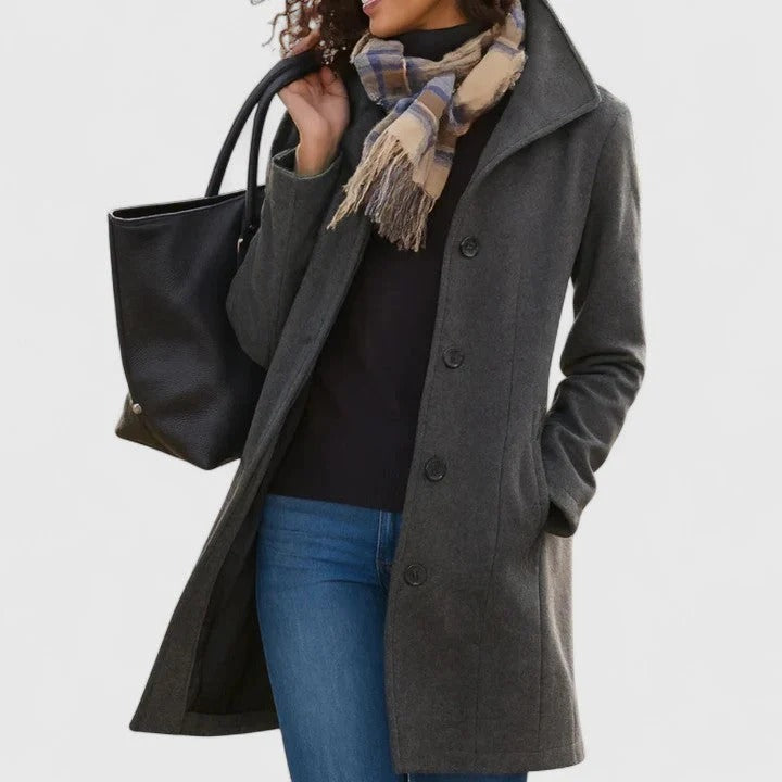 Mantel Damen blau mit Stehkragen und durchgehender Knopfleiste