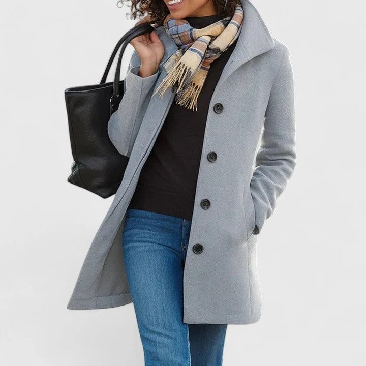 Mantel Damen blau mit Stehkragen und durchgehender Knopfleiste