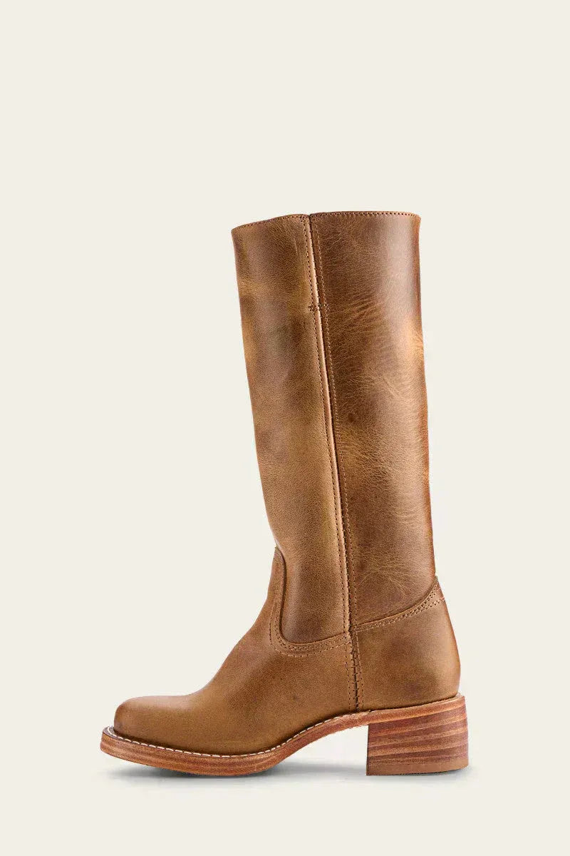 Stiefel Damen braun knielang mit Blockabsatz und Reißverschluss