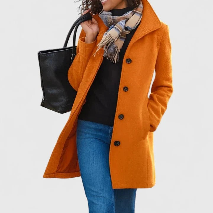 Mantel Damen blau mit Stehkragen und durchgehender Knopfleiste