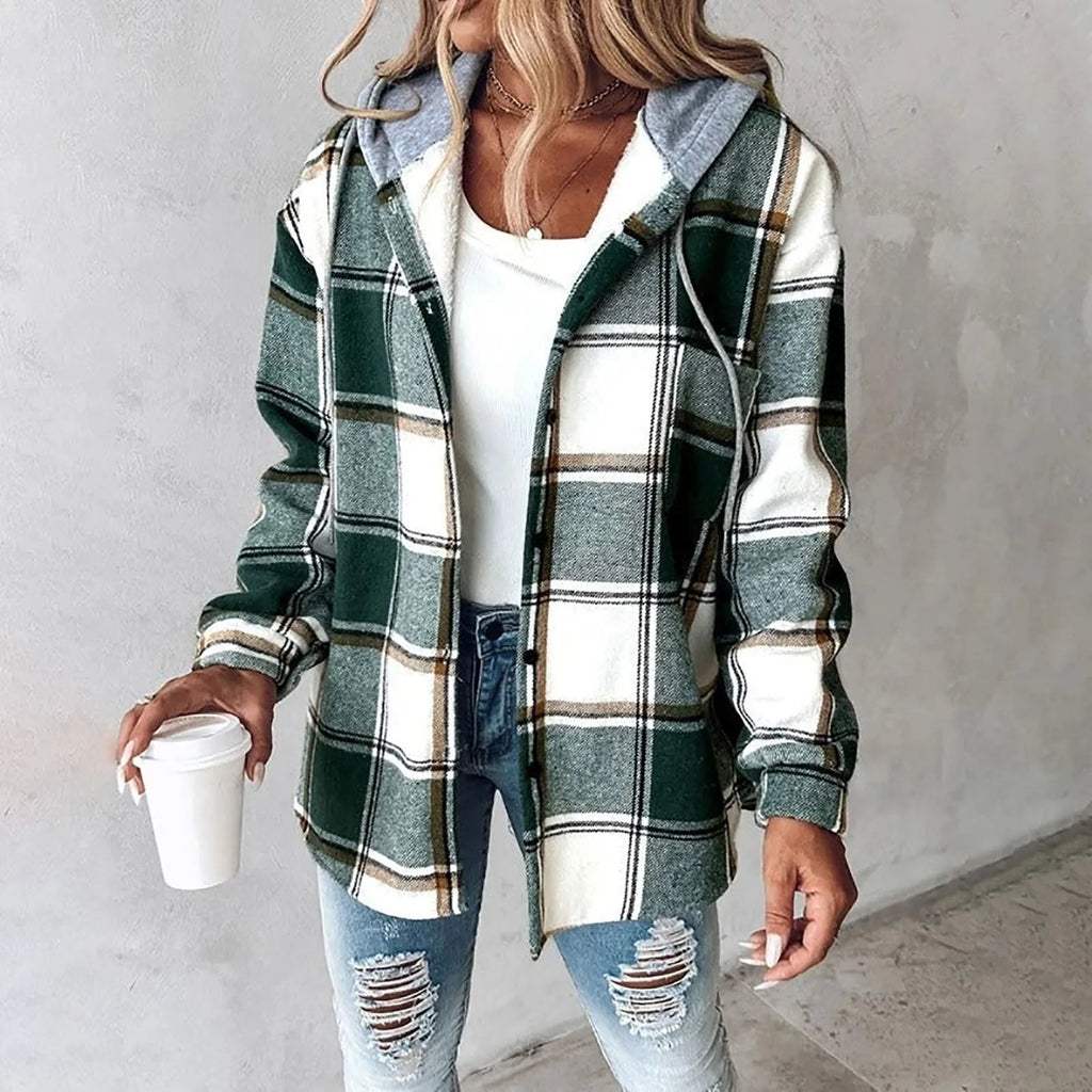 Hemdjacke Damen grün kariert mit Kapuze und weitem Schnitt