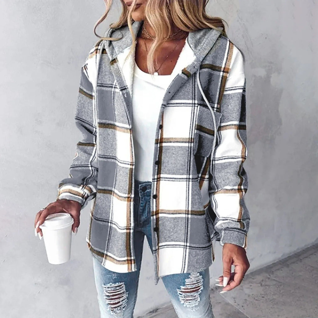 Hemdjacke Damen grün kariert mit Kapuze und weitem Schnitt