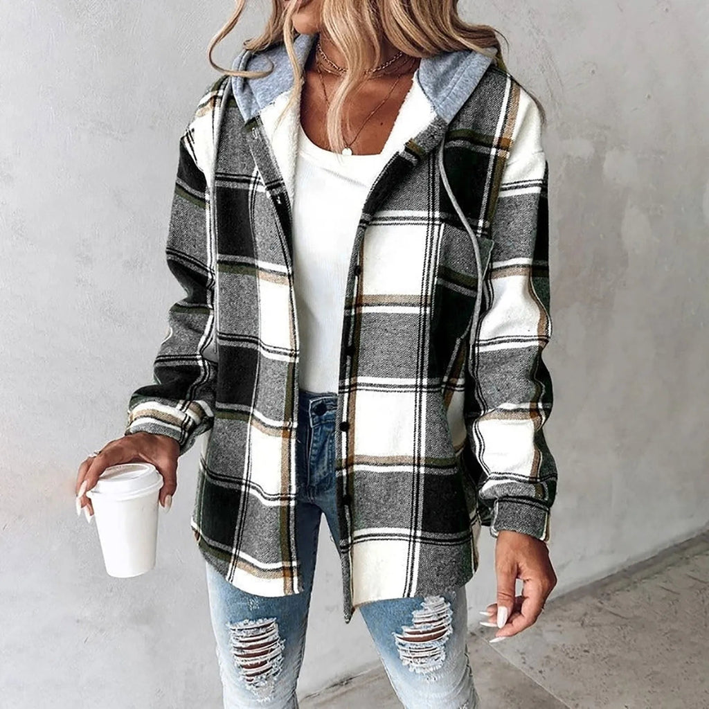 Hemdjacke Damen grün kariert mit Kapuze und weitem Schnitt