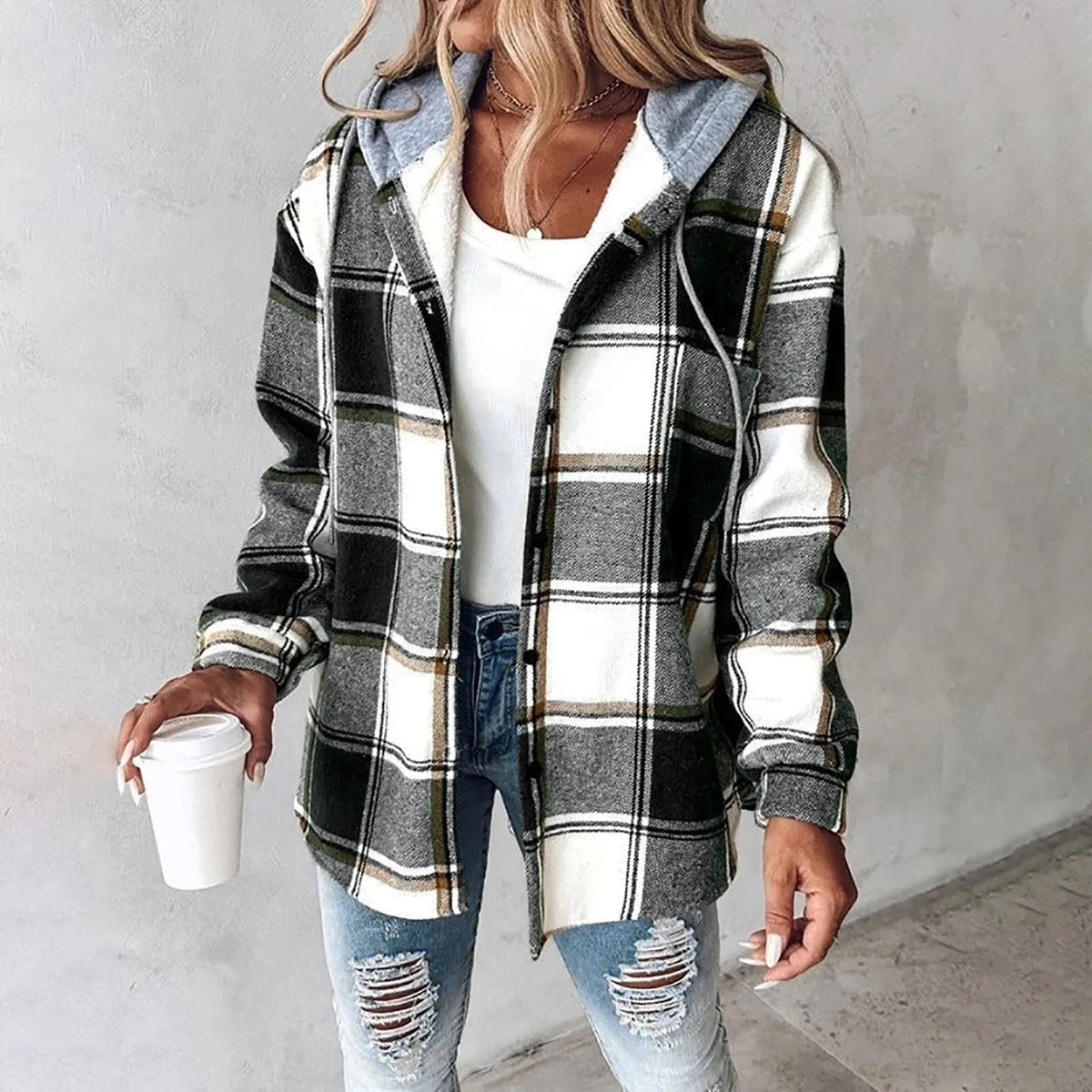 Hemdjacke Damen grün kariert mit Kapuze und weitem Schnitt